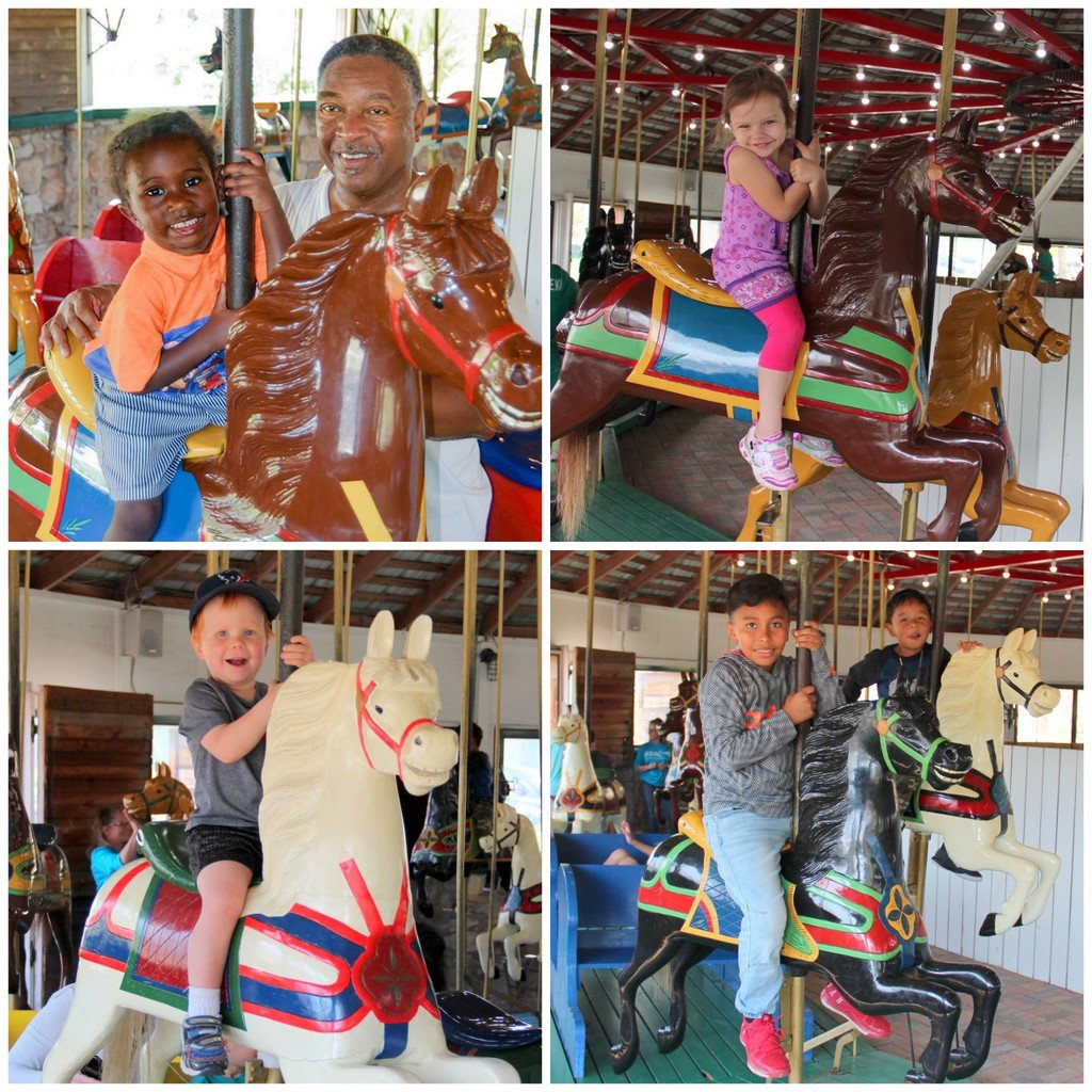 Collage of numerous folks riding on the carousel horses with big smiles and a sense of joy